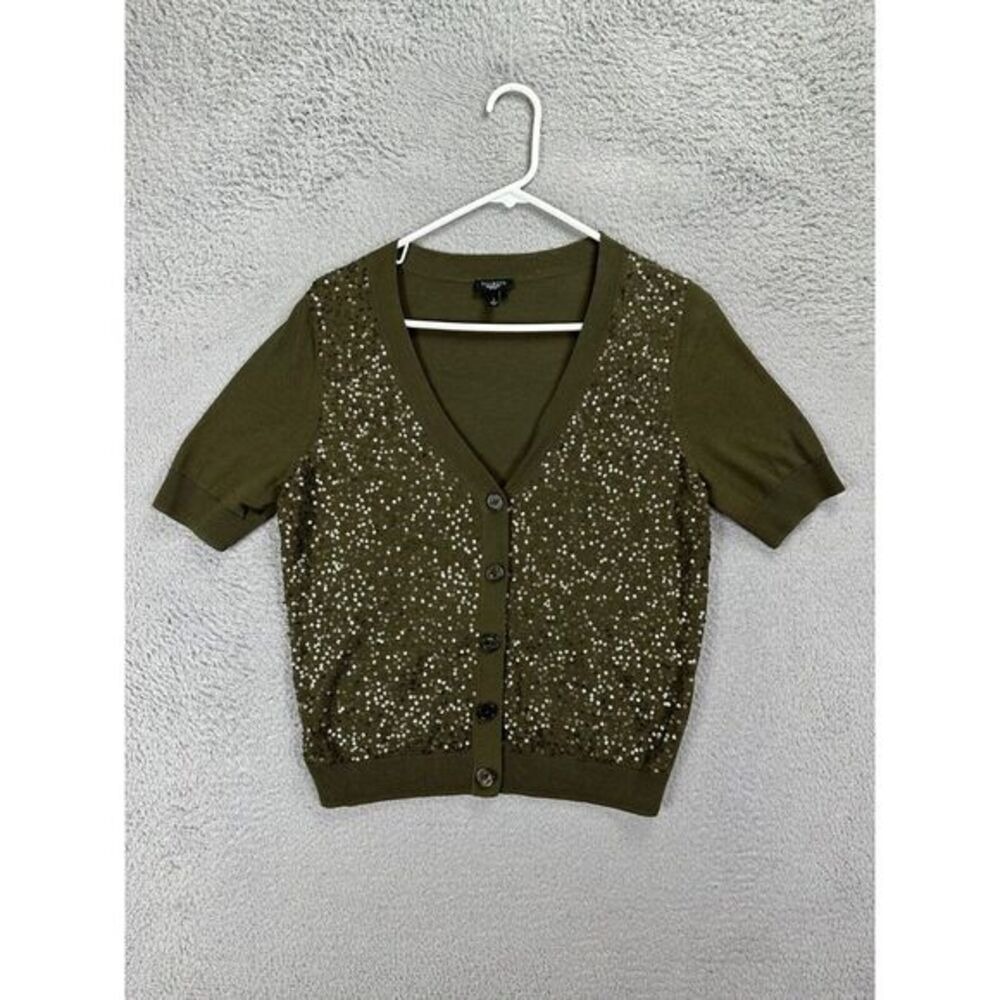 Talbots Cardigan Sweater Women Large Petite Green Sequin Short Sleeve Button Up